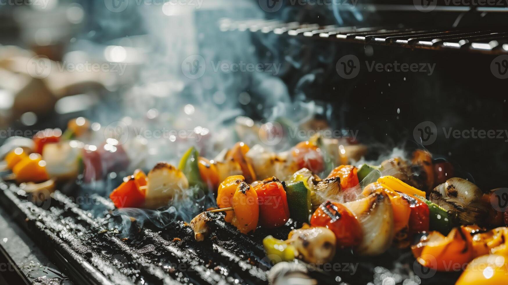 ai generiert Nahansicht von gegrillt Gemüse Sein gekocht auf Grill Grill mit Funken und Flammen foto