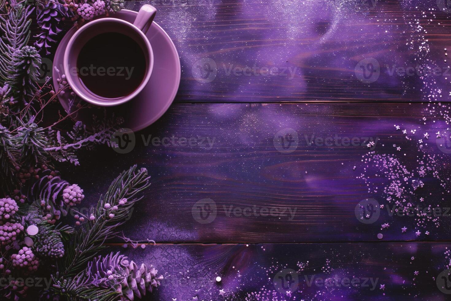 ai generiert Tasse von Kaffee und Weihnachten Dekorationen auf hölzern Hintergrund. oben Aussicht foto
