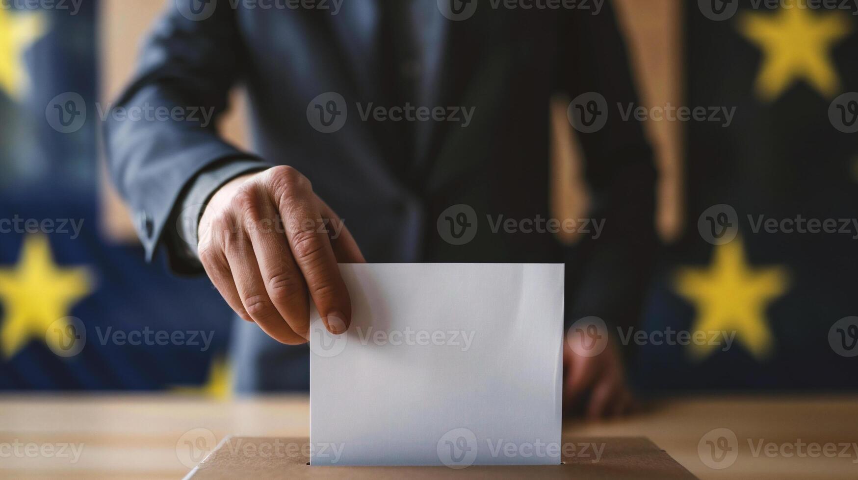 ai generiert Nahansicht von männlich Hand Putten Wählen Papier im Abstimmung Box foto