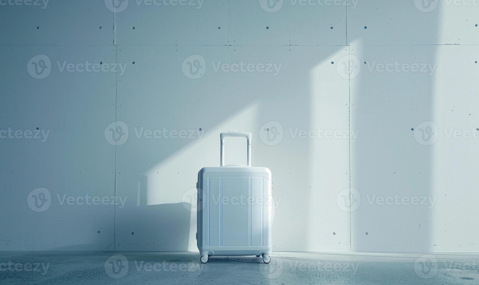 ai generiert Reise Koffer auf Räder im Vorderseite von ein Weiß Mauer mit Schatten. foto