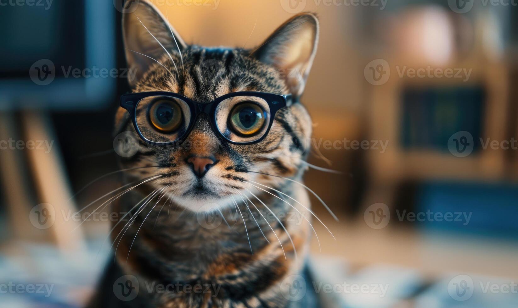 ai generiert süß Katze tragen Brille beim heim. selektiv Fokus. foto