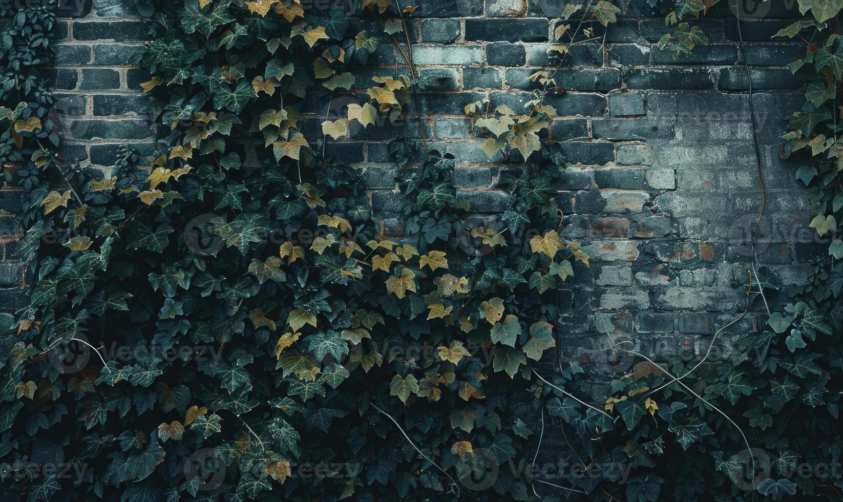 ai generiert alt Backstein Mauer mit Grün Efeu Blätter. natürlich Jahrgang Hintergrund. foto