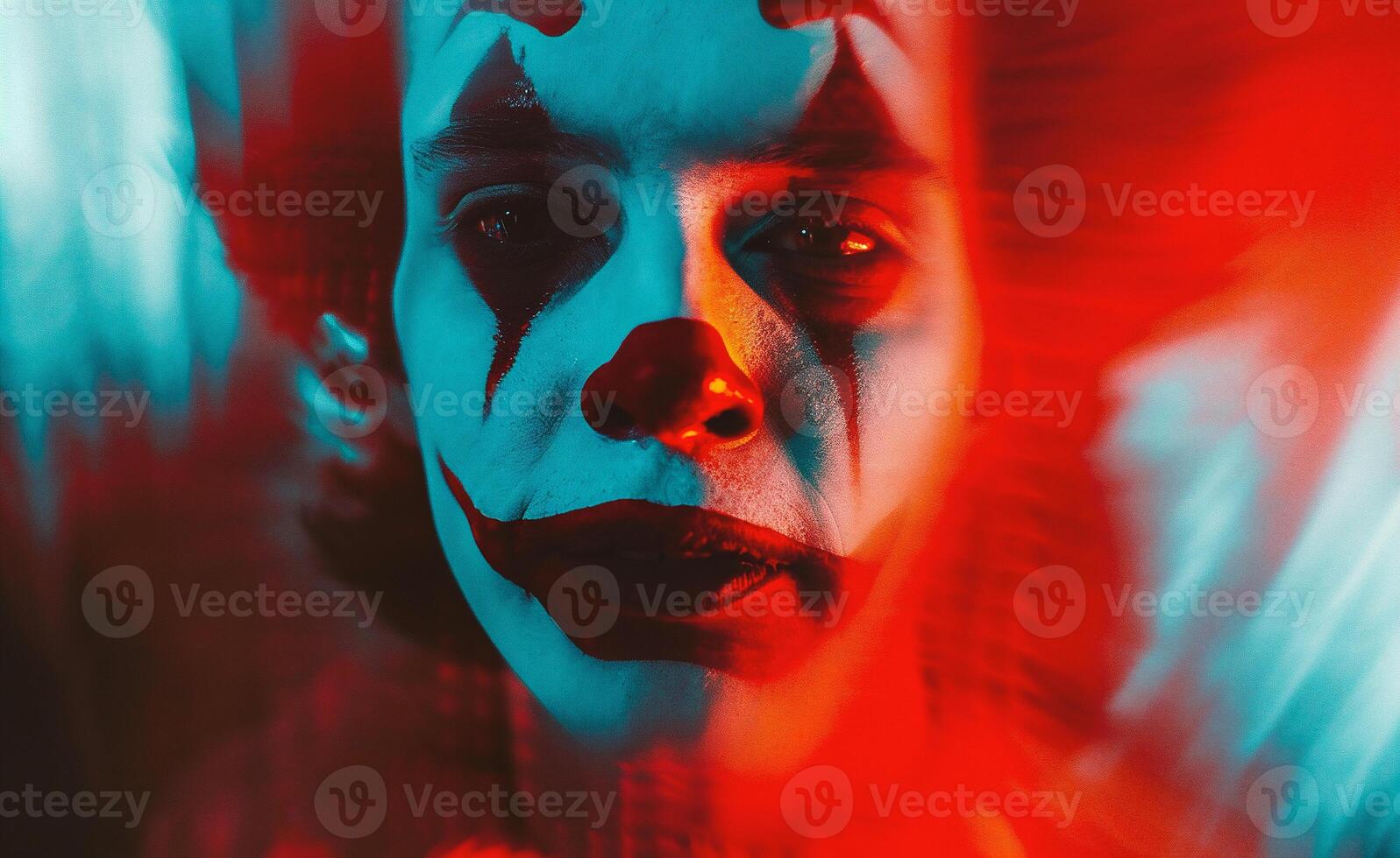 ai generiert Nahansicht Porträt von ein unheimlich Clown. Halloween. Grusel. foto