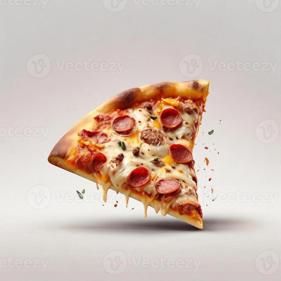ai generiert ein Scheibe von knusprig Pizza realistisch mit Fleisch und Käse Weiß Hintergrund foto