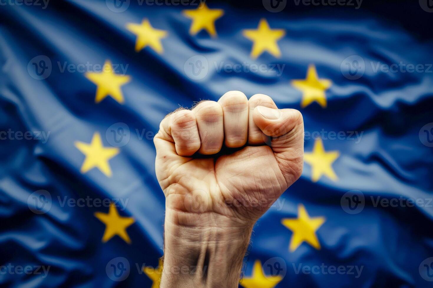 ai generiert geballt Faust angehoben im Vorderseite von das europäisch Union Flagge. ai generativ foto