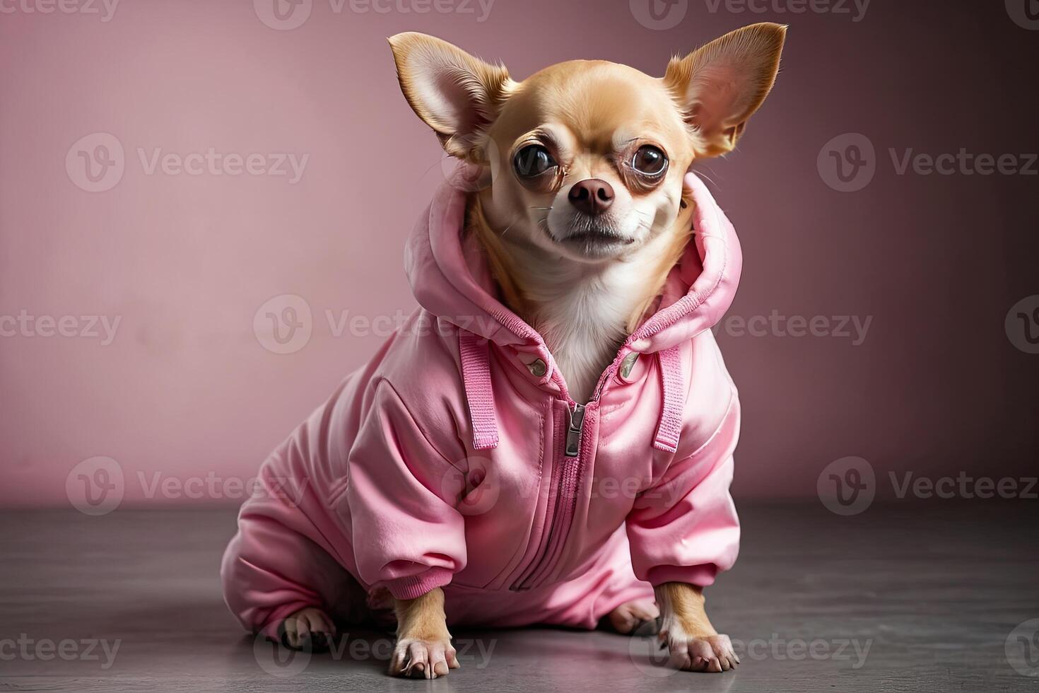 ai generiert ein Chihuahua weiblich Hund im ein Rosa glänzend glamourös Jacke Innen- beim heim. Hund Mode, Tier Kleidung. ai generiert foto