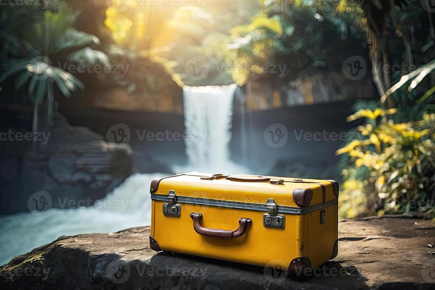 ai generiert ein Gelb Koffer auf das Hintergrund von ein Wasserfall im das Regenwald. reisen, Trekking Tour zu wild, exotisch setzt, Tourismus, draussen Aktivitäten. ai generiert foto