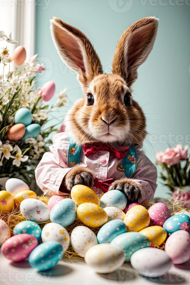ai generiert natürlich realistisch süß Ostern Hase mit mehrfarbig Eier und Frühling Blumen, ein traditionell Urlaub Karte. ai generiert foto
