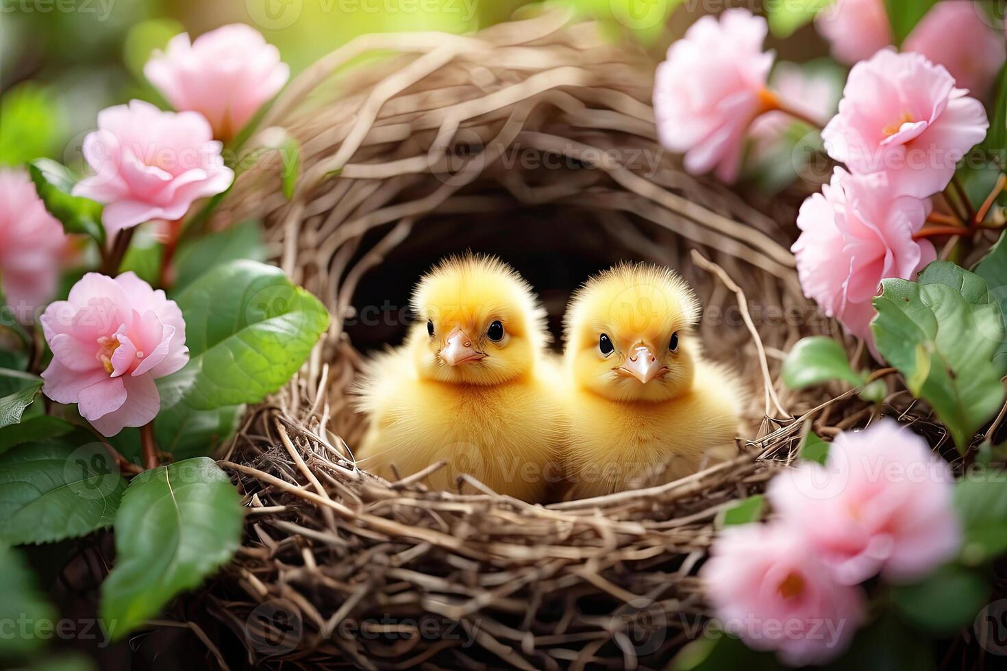 ai generiert süß flauschige Gelb Küken im ein Frühling Blühen Nest von Zweige und Blumen im Natur. Frühling Karte, Frühling Zeit, Kinder, Kindheit. ai generiert foto