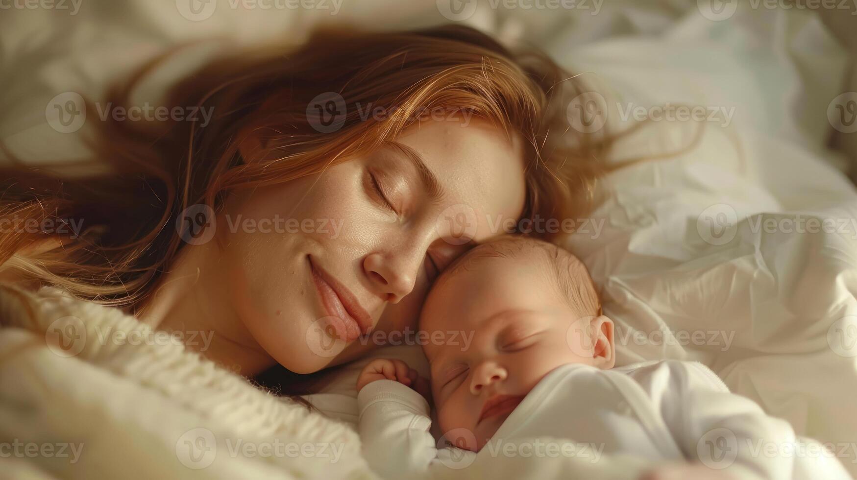 ai generiert Porträt von Mutter Schlaf auf das Bett mit ihr süß Baby foto