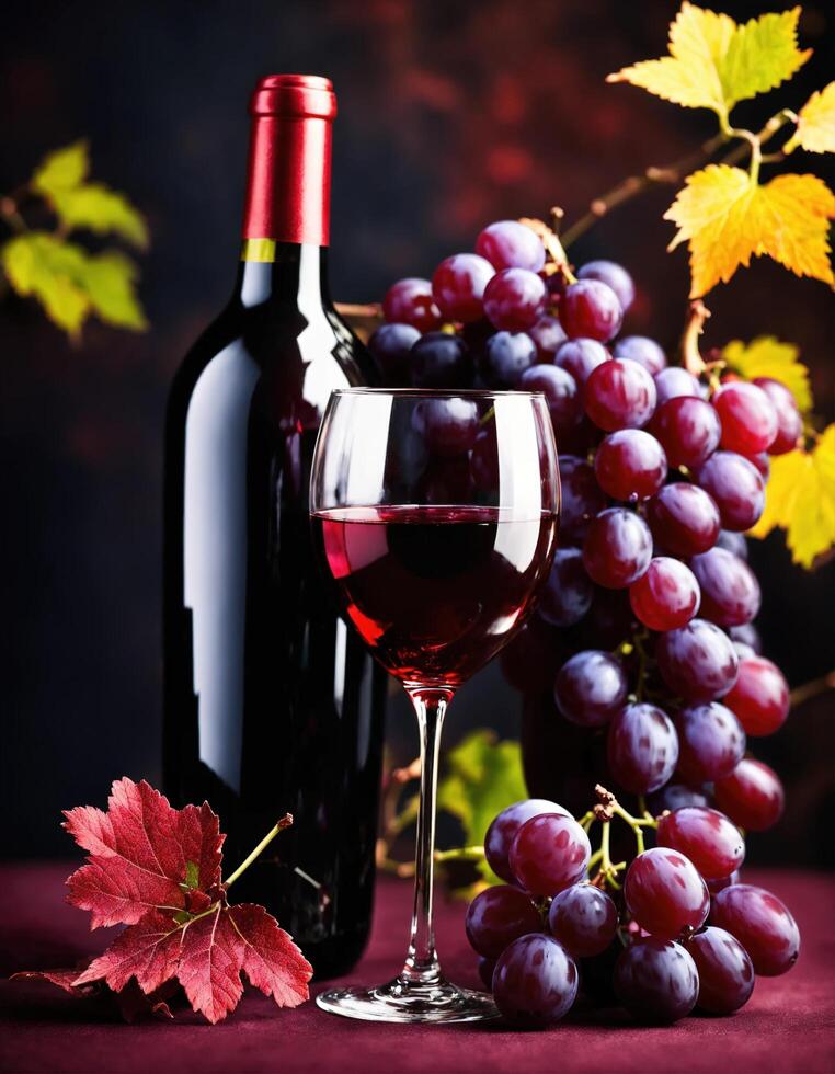 ai generiert rot Wein mit Trauben auf ein dunkel Hintergrund. selektiv Fokus. ai generativ foto