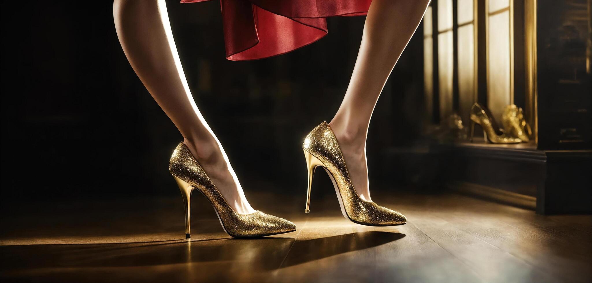 ai generiert Beine von ein Frau im golden hochhackig Schuhe. ai generativ foto