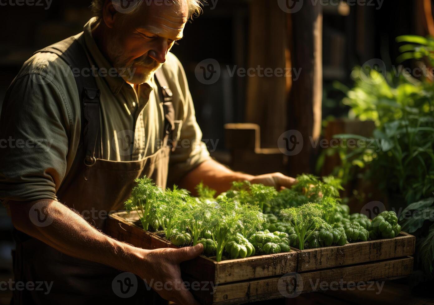 jung Farmer mit frisch gepflückt Apfel im Korb. Hand halten hölzern Box mit Gemüse im Feld. frisch organisch Gemüse von lokal Produzenten. ai geneativ. foto