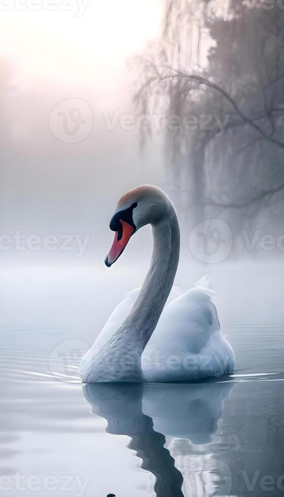 ai generiert ein Schwan ist Schwimmen im das Wasser auf ein nebelig Tag foto