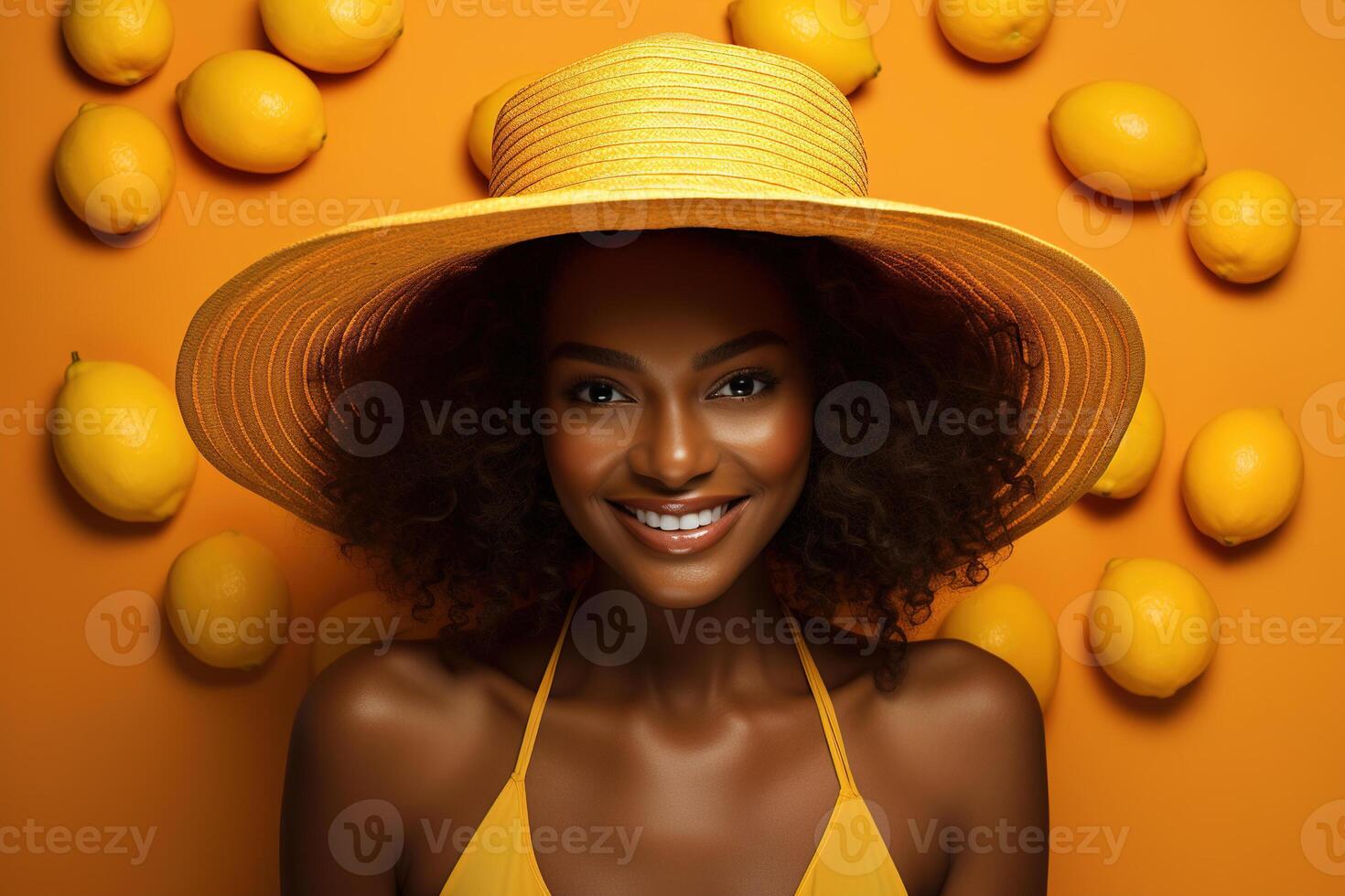 ai generiert ziemlich positiv lächelnd afro amerikanisch Frau tragen Stroh Hut und Obst Zitronen auf Hintergrund. natürlich Kosmetika, Dermatologie Konzept foto