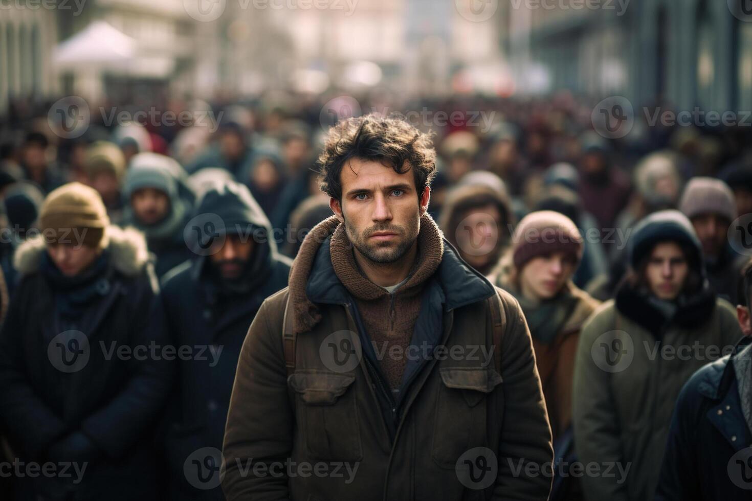 ai generiert Menge von traurig, müde Menschen im Oberbekleidung auf Straße, ein Erwachsene Mann Stehen und suchen beim Kamera foto