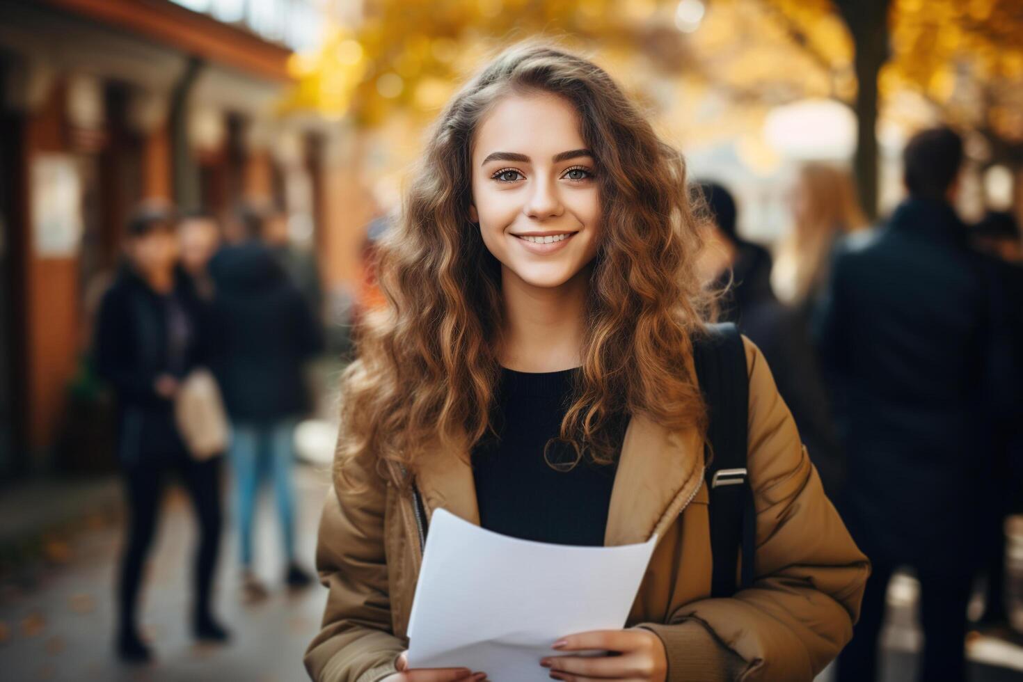 ai generiert studieren im Hochschule, akademisch Jahr Konzept. ziemlich kaukasisch weiblich Schüler halten Papiere Abstracts draußen, Porträt jung lächelnd lockig Frau beim Universität Campus foto