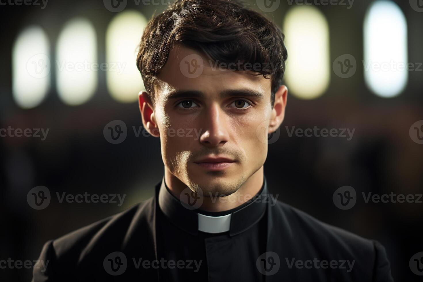 ai generiert Porträt von ein jung gut aussehend Christian Priester im ein Kirche suchen beim Kamera, Vorderseite Sicht. Vertrauen und Religion foto