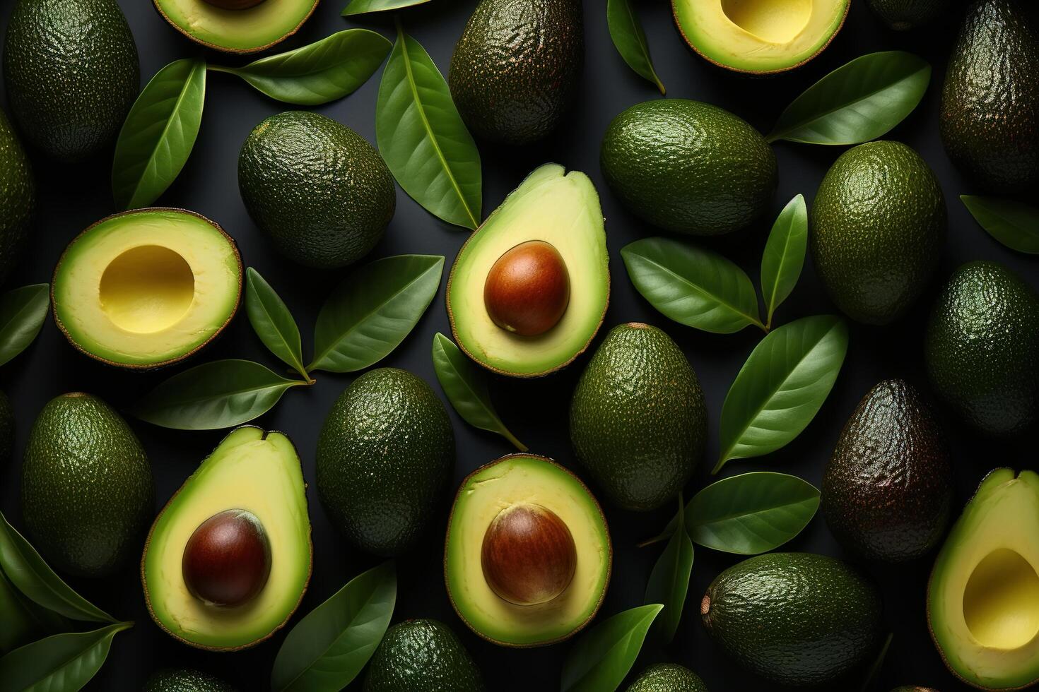 ai generiert Avocado Muster, oben Aussicht Grün frisch tropisch Obst auf ein dunkel Hintergrund foto
