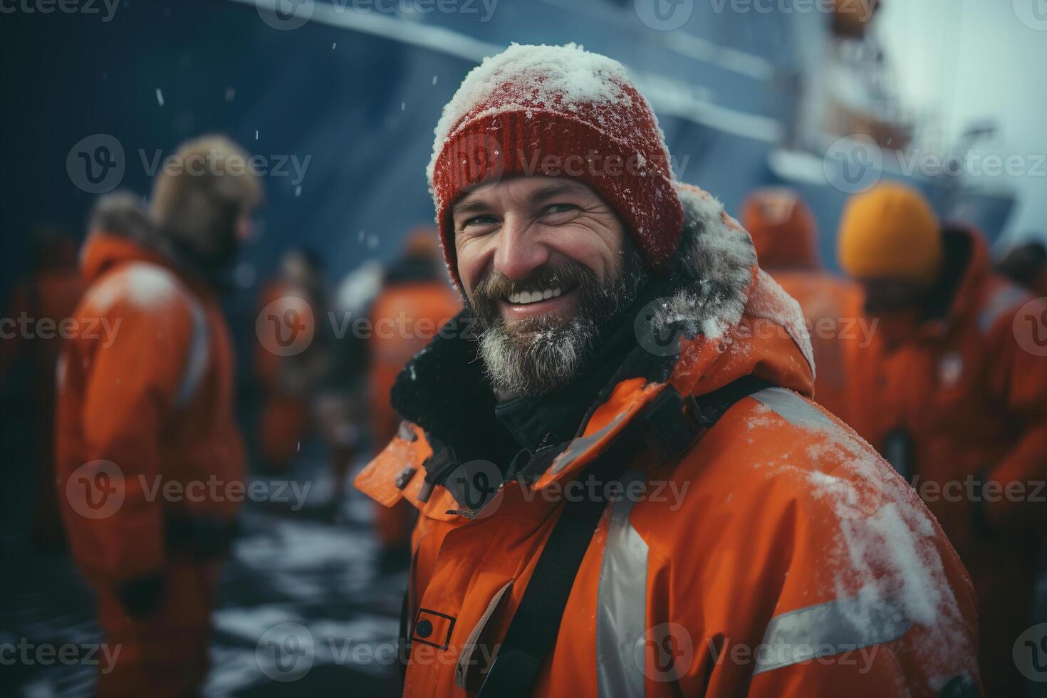 ai generiert glücklich Erwachsene männlich Polar- Forscher Reisender im Oberbekleidung auf Hintergrund von Schiff im Norden suchen beim Kamera foto