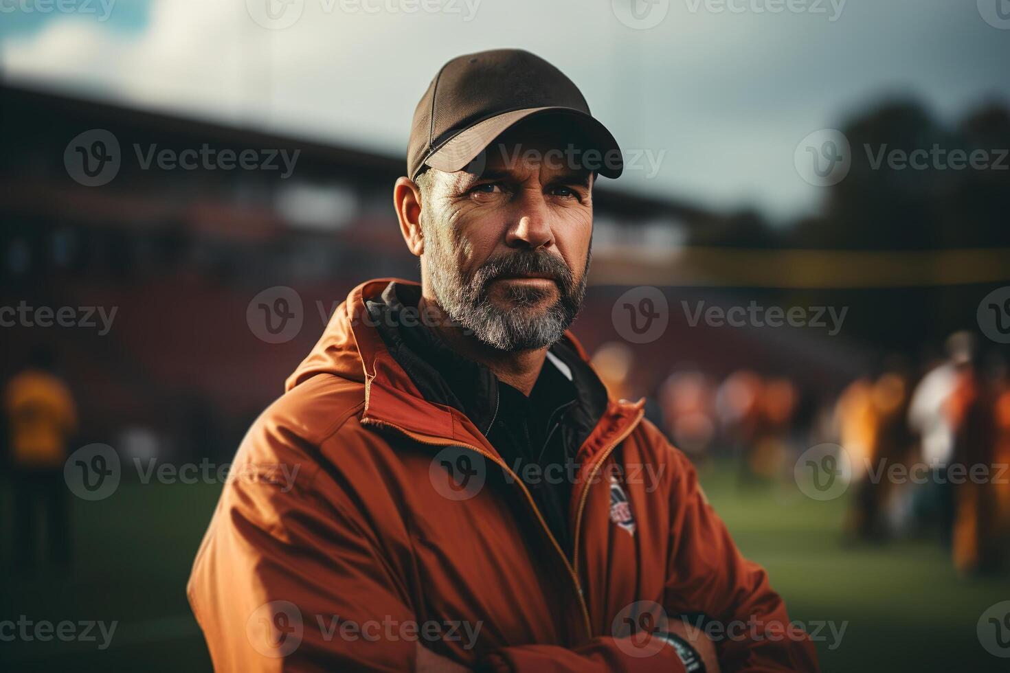 ai generiert ernst Fußball Trainer auf ein draussen Sport Feld foto