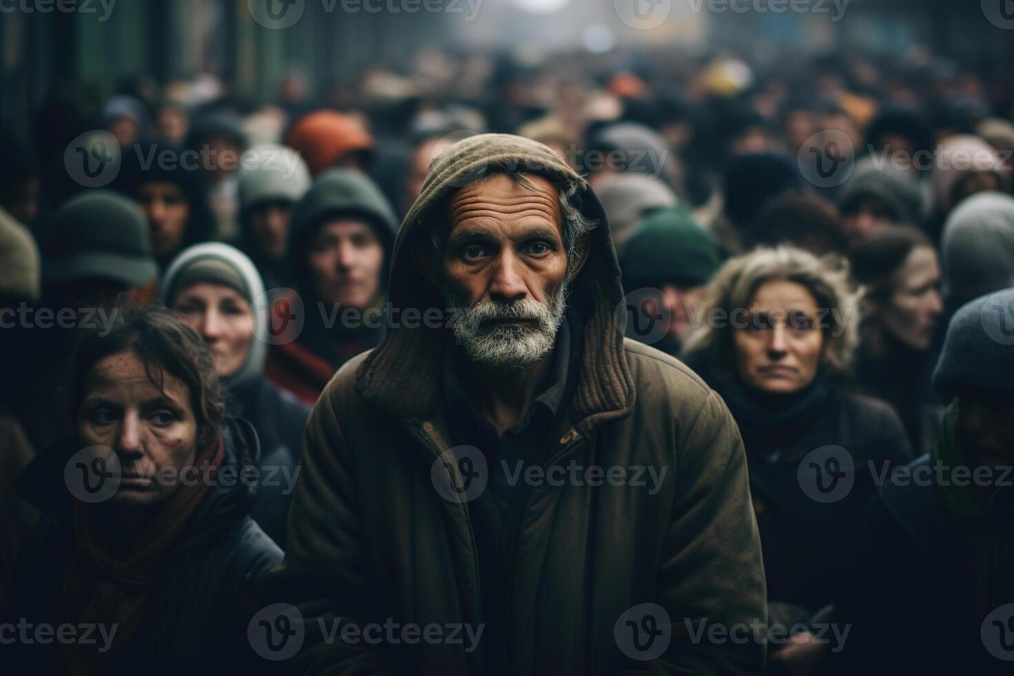 ai generiert Menge von Senior obdachlos arbeitslos Arm Menschen draußen. Sozial Problem foto