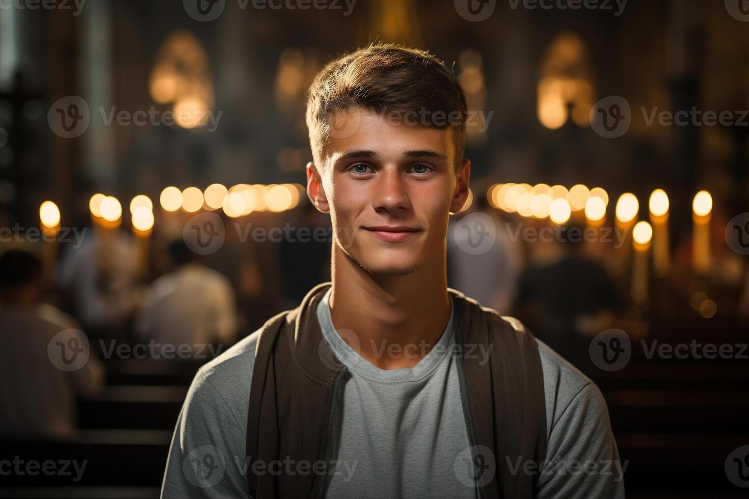 ai generiert Porträt von ein heiter attraktiv Christian Kerl im Kirche, Vorderseite Aussicht foto