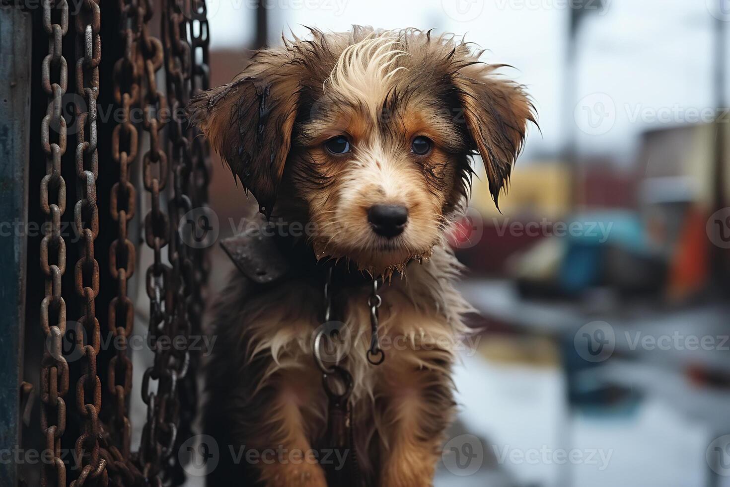 ai generiert erbärmlich einsam traurig nass Hündchen auf ein Kette, schmutzig sich beschweren Haustier Hund draußen foto