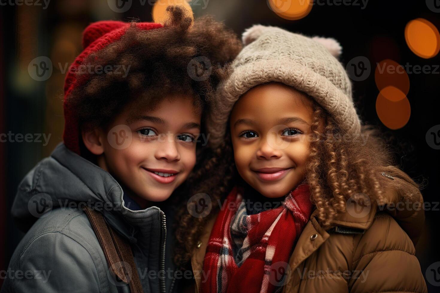 ai generiert süß afrikanisch amerikanisch Kinder Bruder und Schwester zusammen auf Hintergrund von Bokeh Girlande Ha draußen auf Winter Tag suchen beim Kamera foto