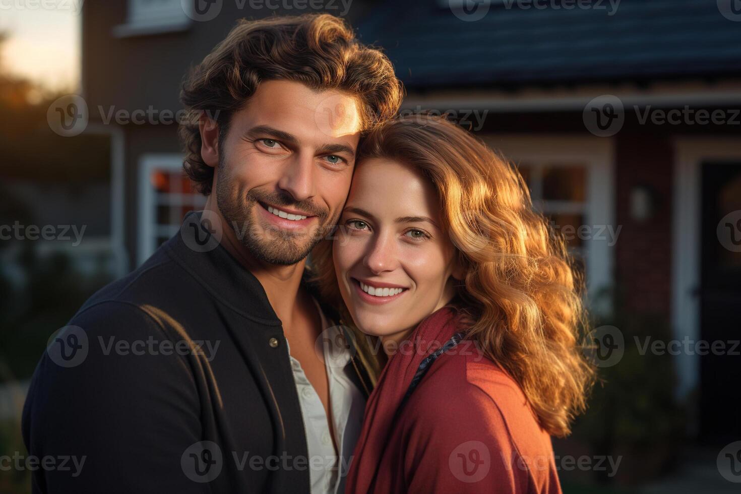 ai generiert Porträt von lächelnd Erwachsene Mann Mann umarmen seine schön positiv Ehefrau zusammen beim Eingang von Haus draußen. glücklich verheiratet Paar, Romantik foto