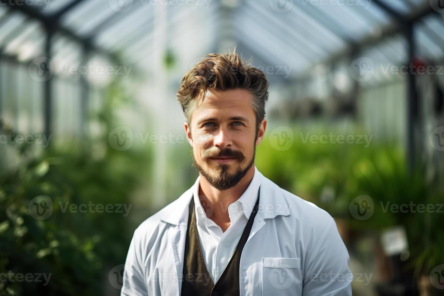 ai generiert Landwirtschaft und Wissenschaft Konzept. jung männlich Wissenschaftler Farmer im Weiß Mantel Stehen im Gewächshaus und suchen beim Kamera foto