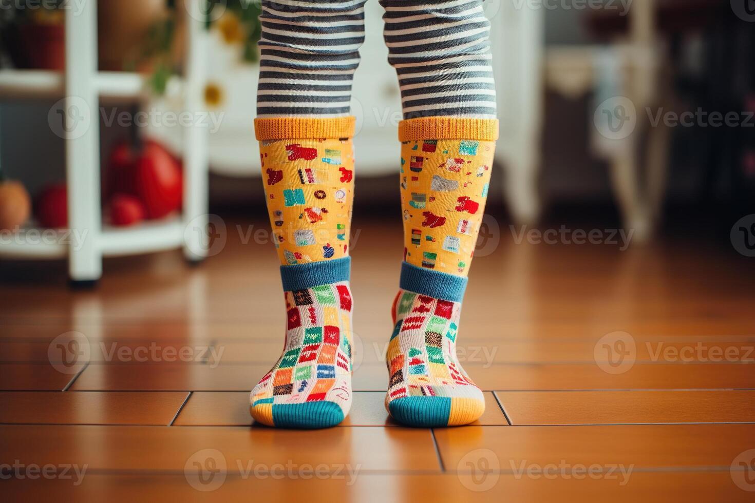 ai generiert seltsam Socken Tag, Anti-Mobbing Woche Sozial Konzept. Kind tragen komisch Kinder- humorvoll Socken drinnen, Nahansicht von Füße foto