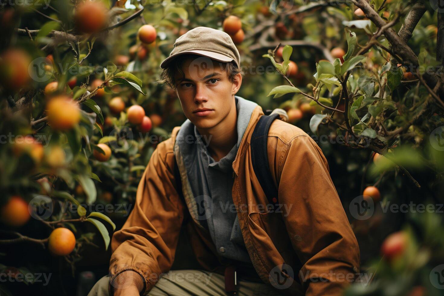 ai generiert jung männlich Mähdrescher, Farmer Kerl im Garten pflücken Frucht. saisonal Ernte foto