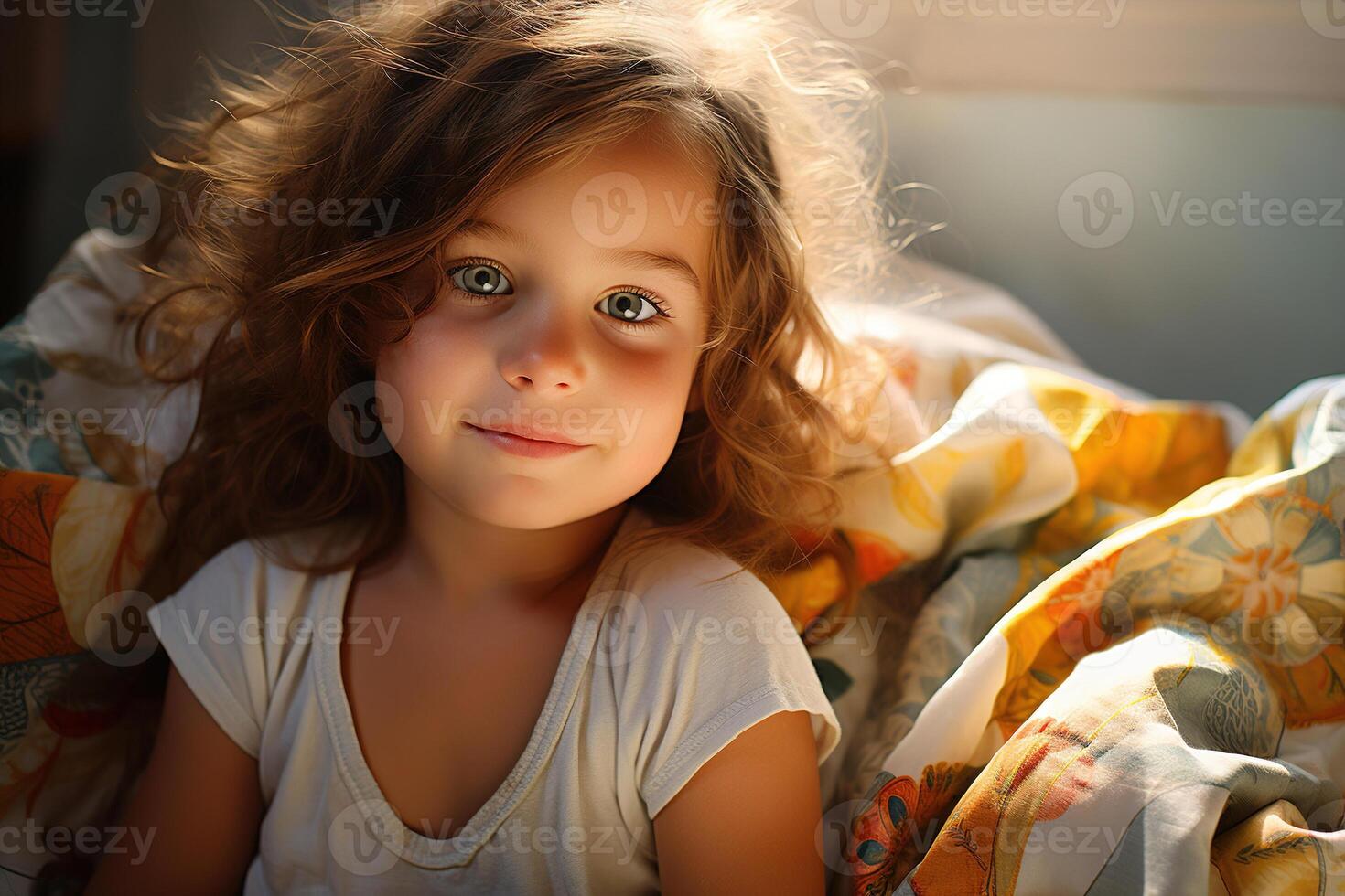 ai generiert lächelnd wenig zottelig Mädchen im Pyjama Sitzung auf Bett im Schlafzimmer und suchen beim Kamera, Kind gut Morgen Konzept foto