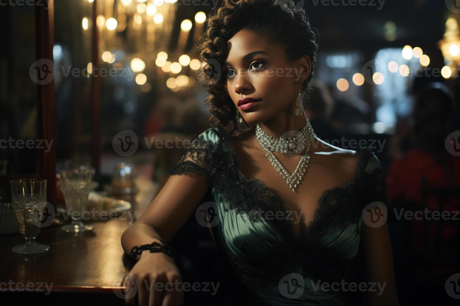 ai generiert elegant schön afrikanisch amerikanisch Frau im ein Restaurant Sitzung beim Bar und suchen weg. Frau im Jahrgang Stil Kleid und Schmuck foto