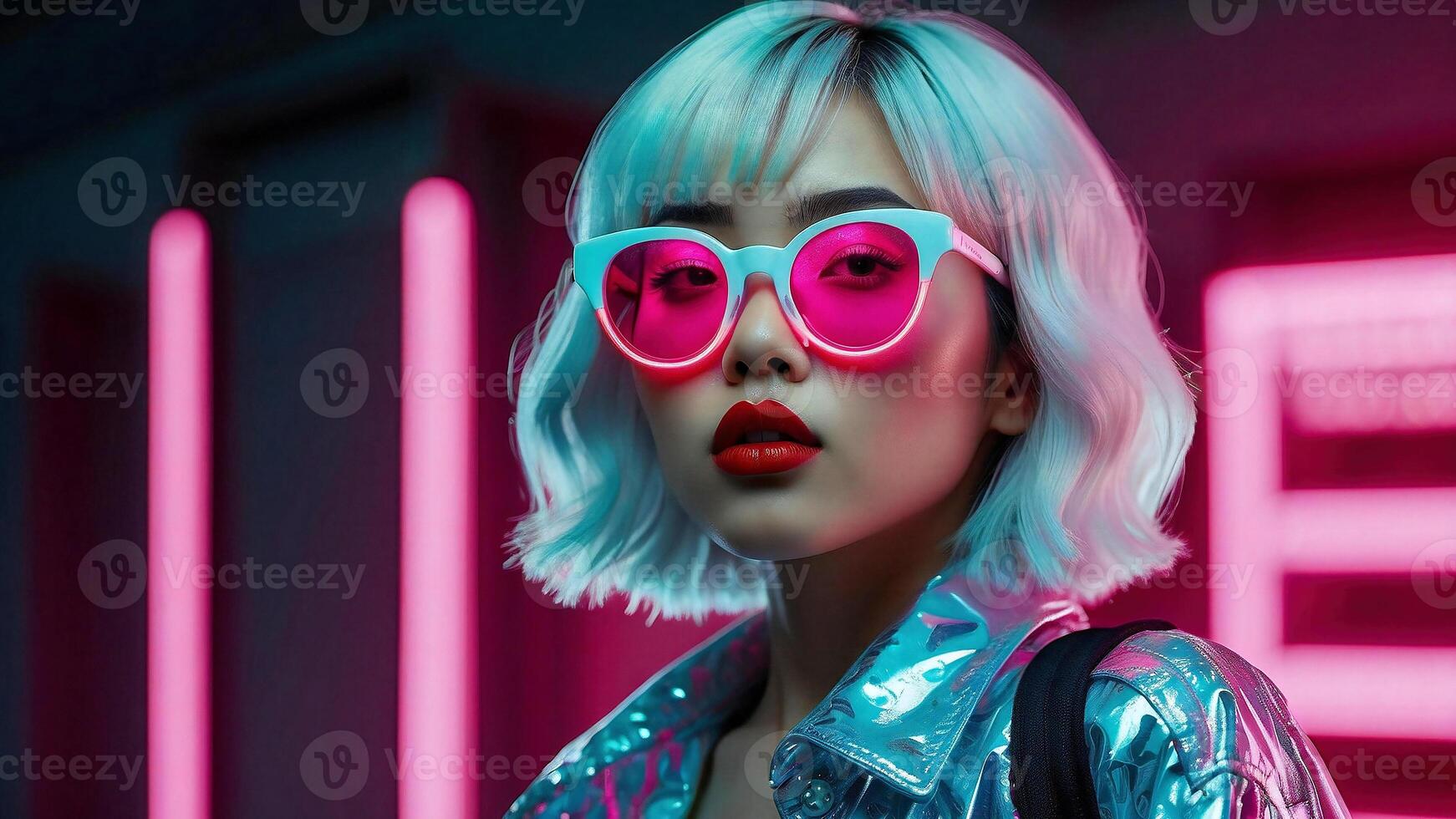 ai generiert zärtlich asiatisch Mädchen mit Neon- Sonnenbrille foto