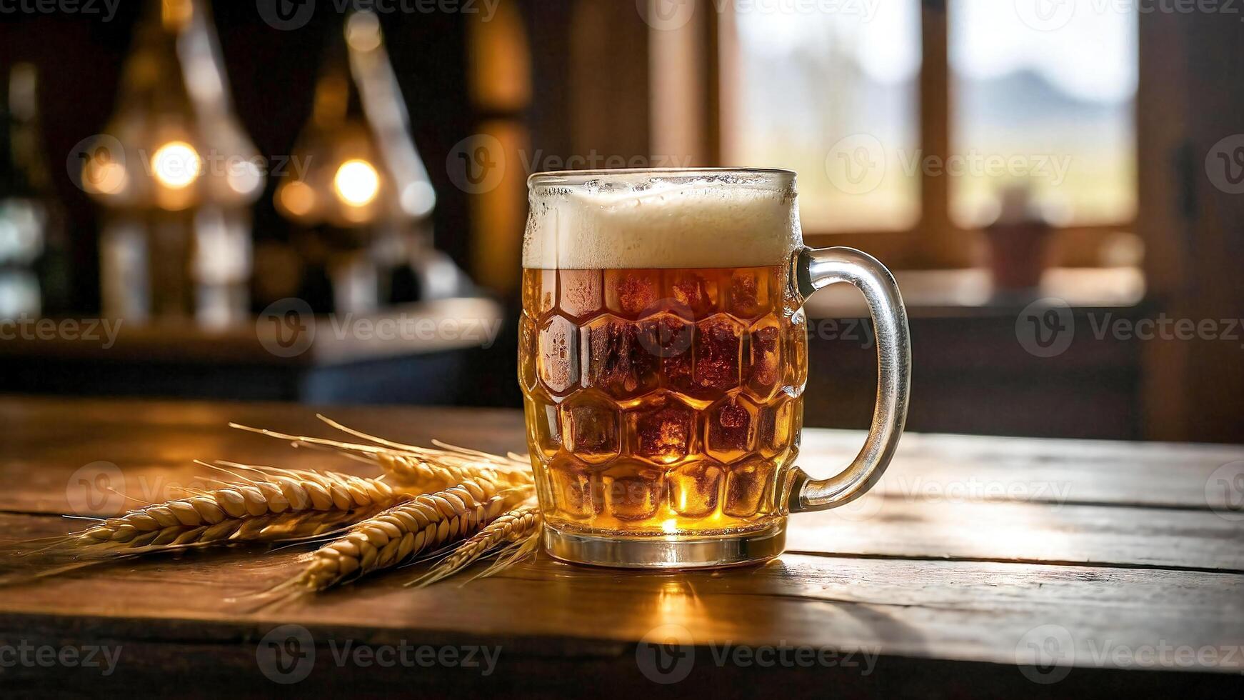 ai generiert Bier im Becher und Wheet auf hölzern Tabelle und Hintergrundbeleuchtung foto