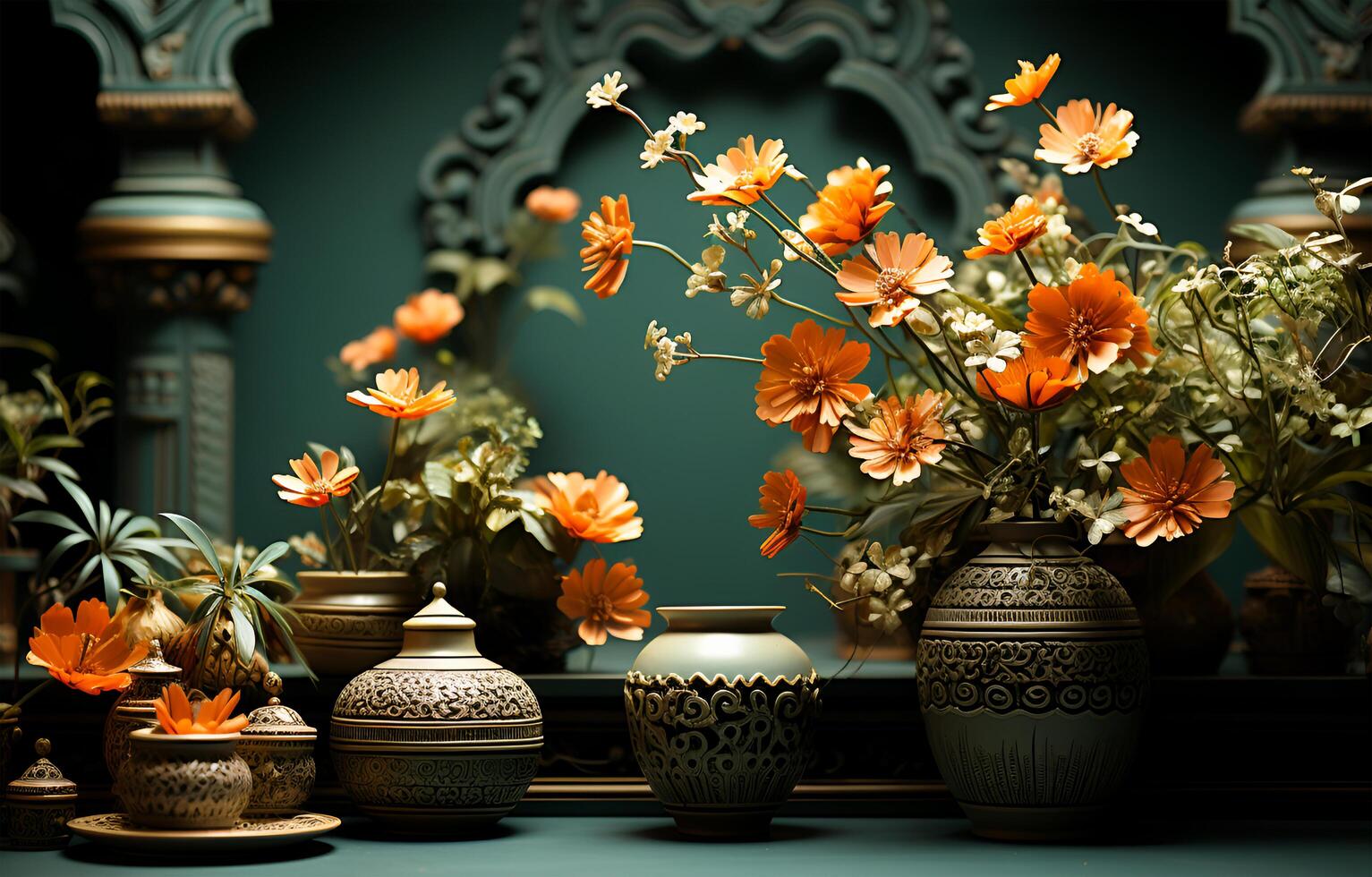 ai generiert Aussicht von schön Blumen und Vasen von anders Farben zu schmücken das Haus auf ein Tabelle foto