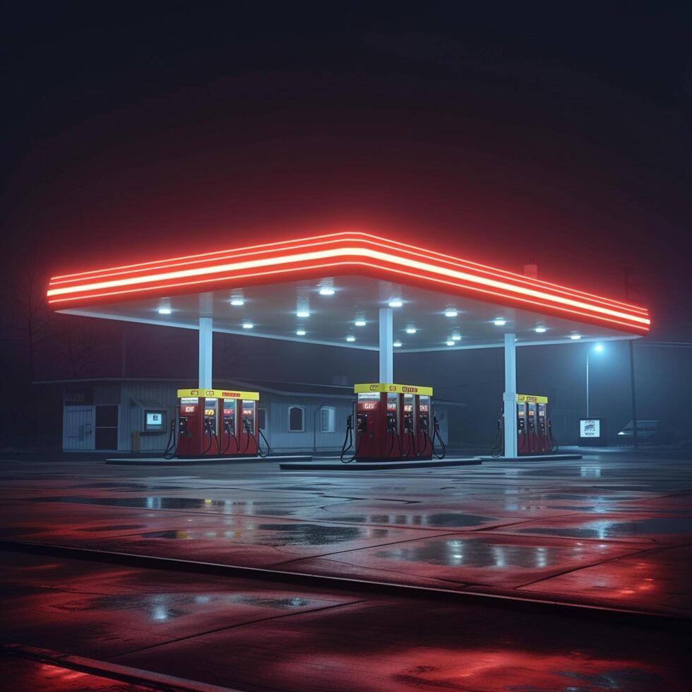 ai generiert unheimlich nachtaktiv Ambiente 3d Rendern illustriert Gas Bahnhof im Nebel zum Sozial Medien Post Größe foto