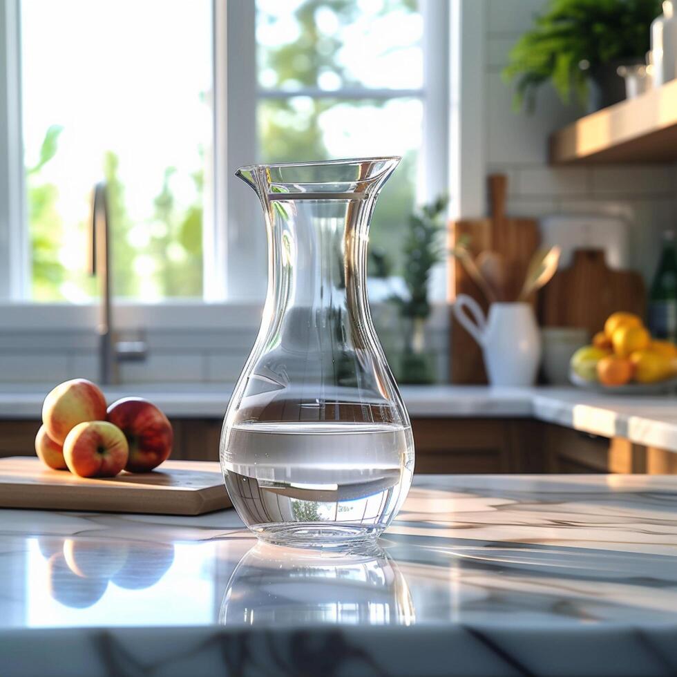 ai generiert Flüssigkeitszufuhr Bahnhof Glas Karaffe hält makellos Trinken Wasser im Küche zum Sozial Medien Post Größe foto