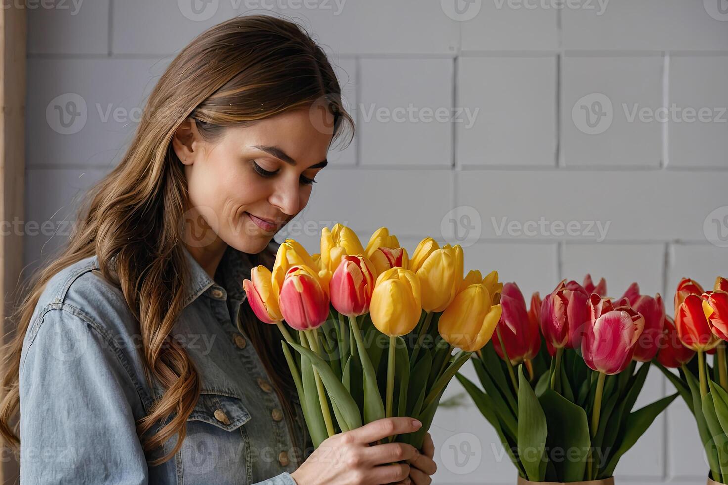 ai generiert Frau Florist sammelt ein Strauß von Tulpen - - frisch Schnitt Blumen im Kisten und Vasen im Blume Geschäft und Gestelle zum Verkauf, Lieferung zum das Urlaub. Frühling, März 8, Damen Tag, Geburtstag. foto