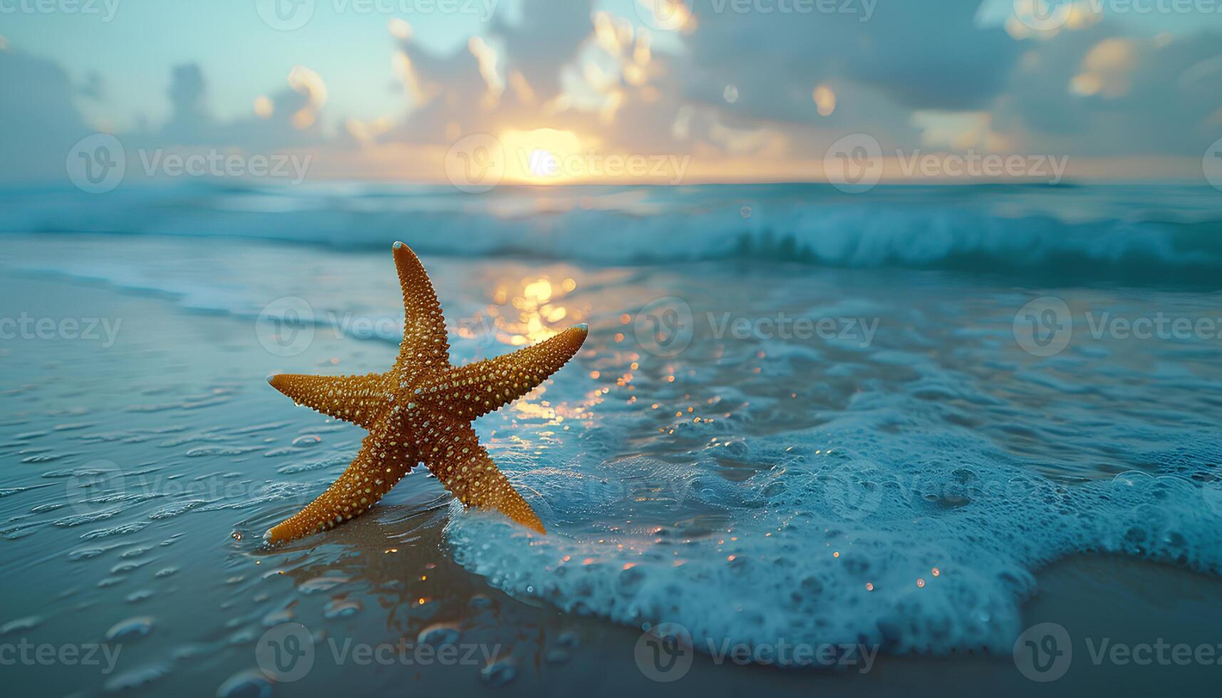 ai generiert Seestern auf das Strand. Seestern auf das Sand Nahaufnahme. Nahansicht von ein Meer Star auf ein sandig Strand im tropisch Ort foto