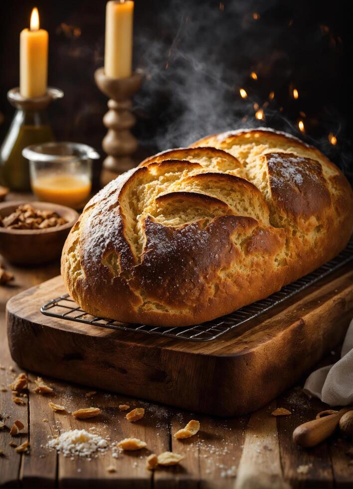 ai generiert frisch gebacken Brot mit Sesam Saat auf ein hölzern Tafel. ai generativ foto