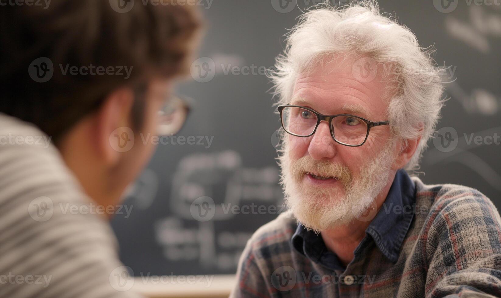 ai generiert beschäftigt, verlobt Senior Professor im Diskussion mit ein männlich Schüler im Klassenzimmer Rahmen foto