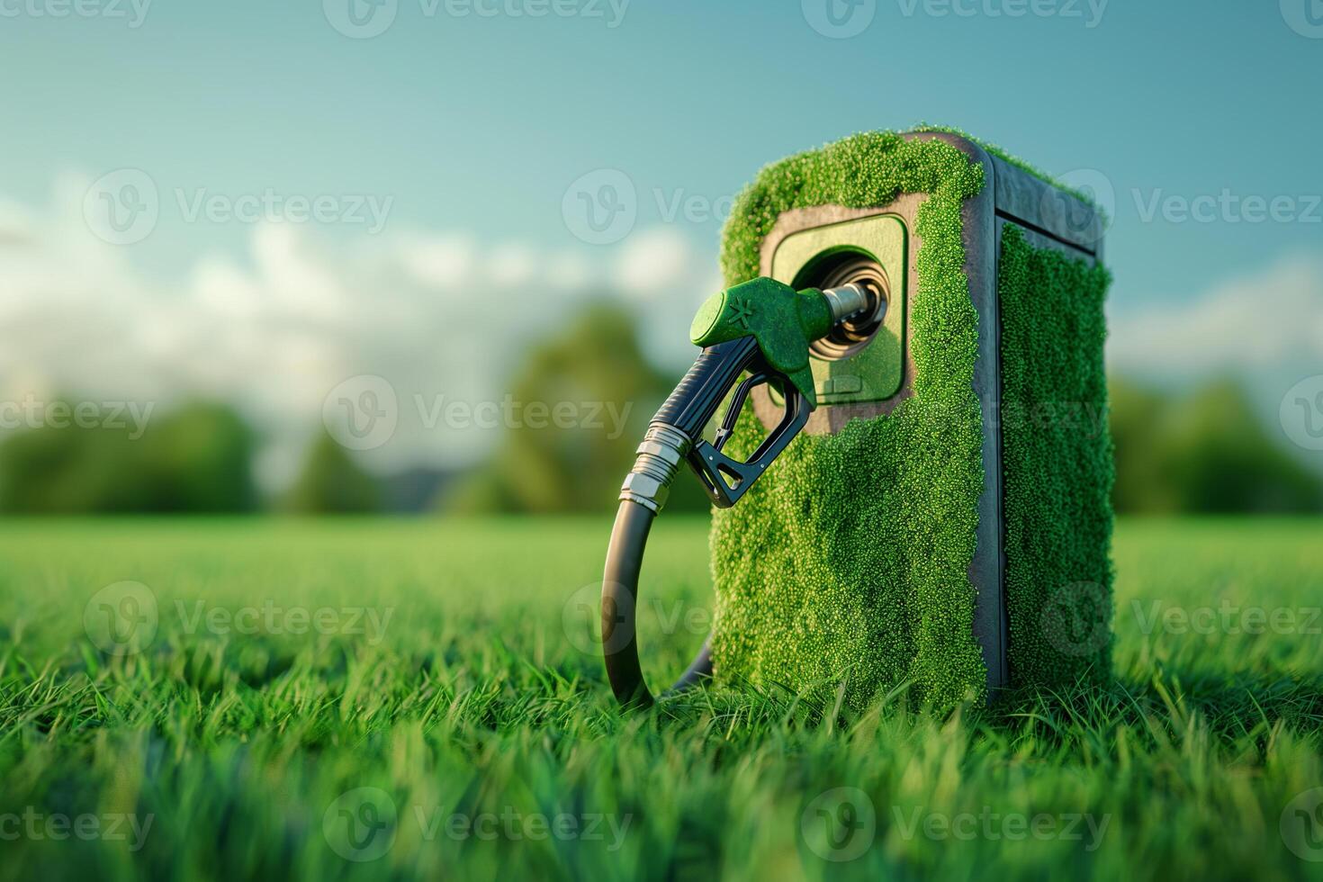 ai generiert elektrisch Auto Laden Bahnhof auf Grün Gras im das Garten mit Kopieren Raum foto