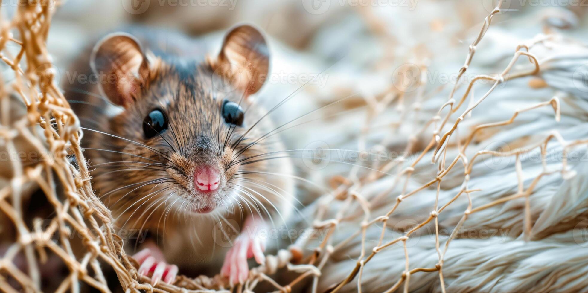 ai generiert klein Maus suchen durch ein gewebte Falle foto