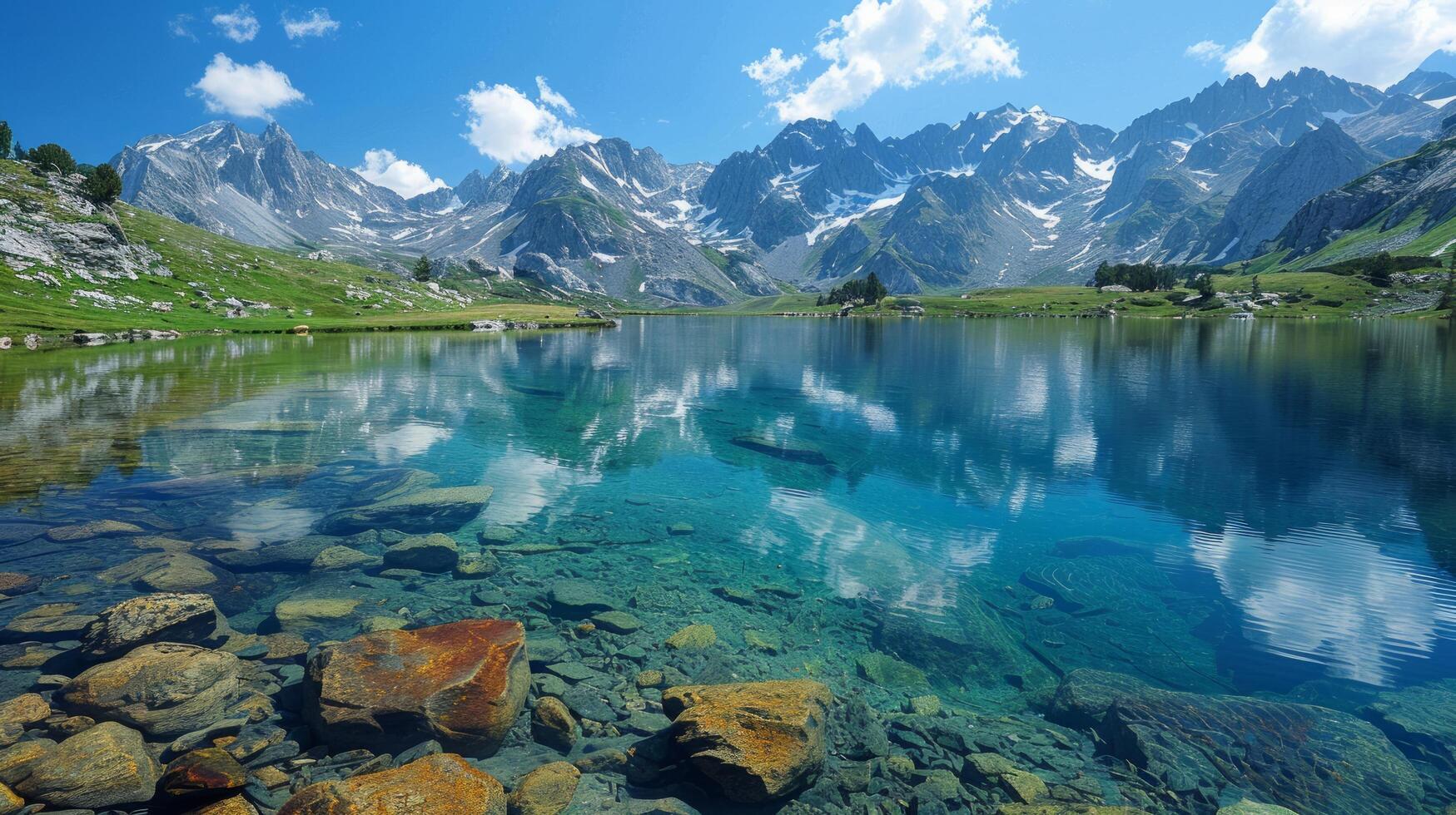 ai generiert klar Berg See umgeben durch Grün Berge foto