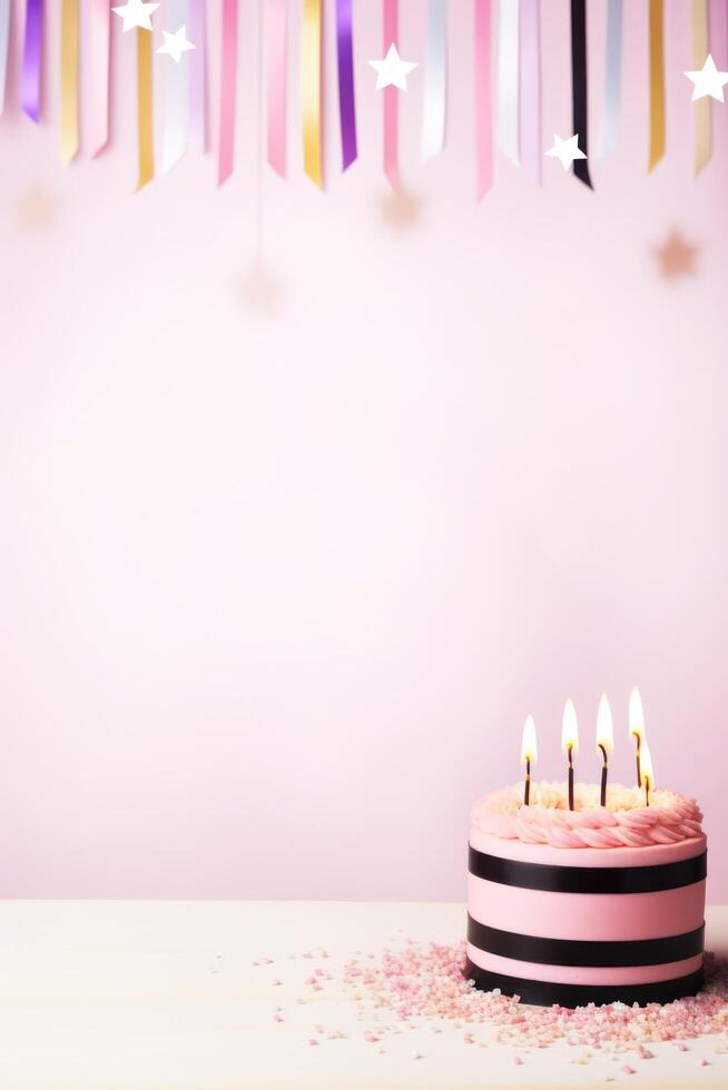ai generiert Geburtstag Urlaub Hintergrund, Kuchen mit Kerzen und Kopieren Raum foto