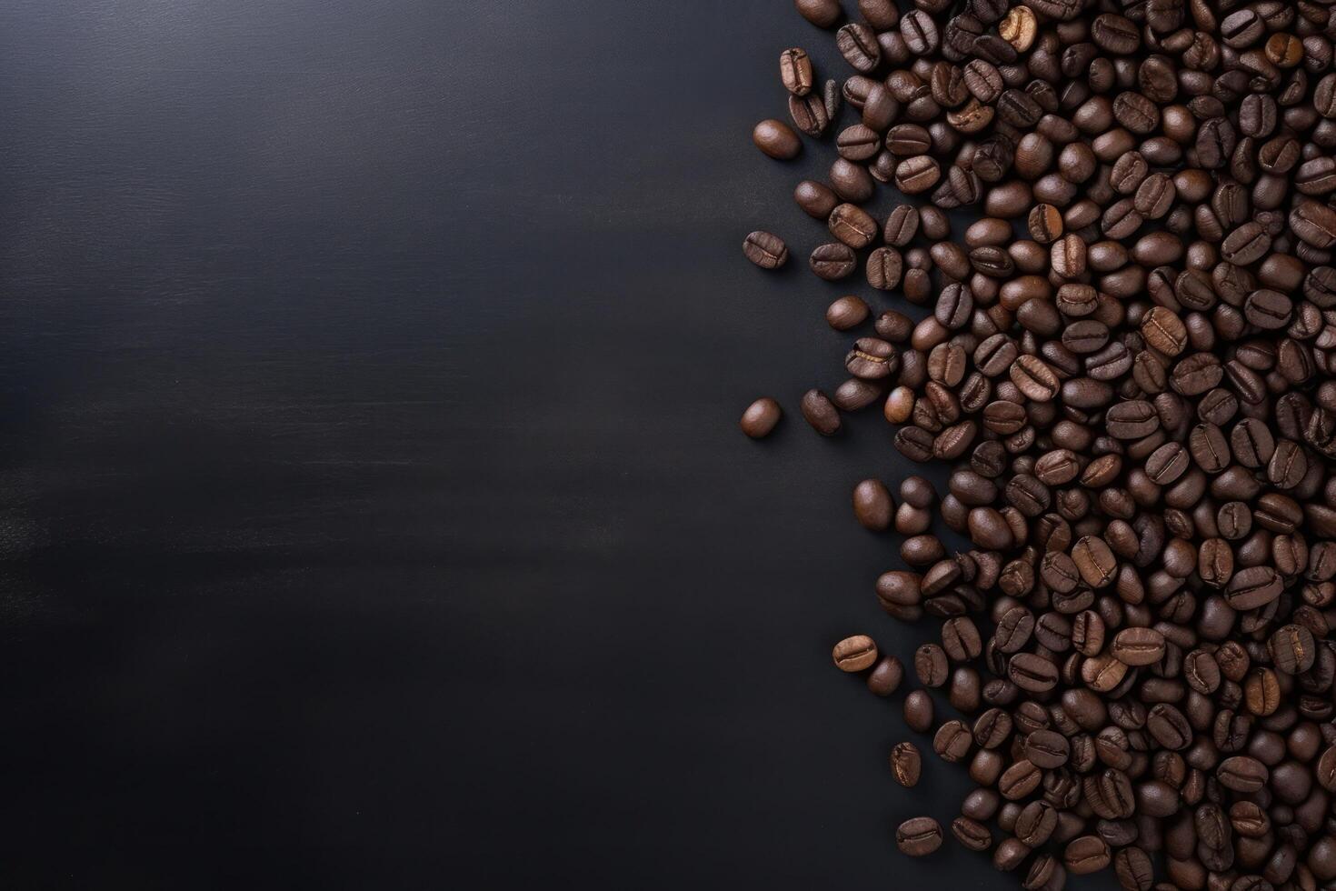 ai generiert Kaffee Bohnen auf ein dunkel Tabelle mit Kopieren Raum foto