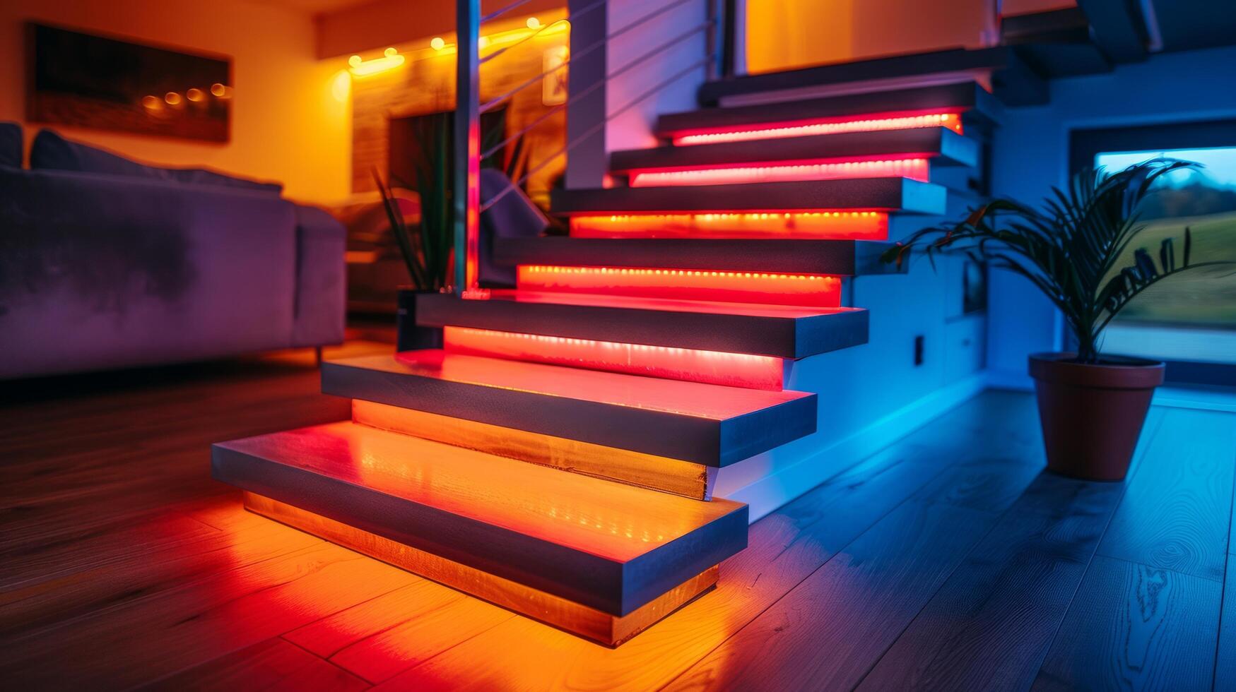 ai generiert beleuchtet Treppe mit bunt Beleuchtung foto